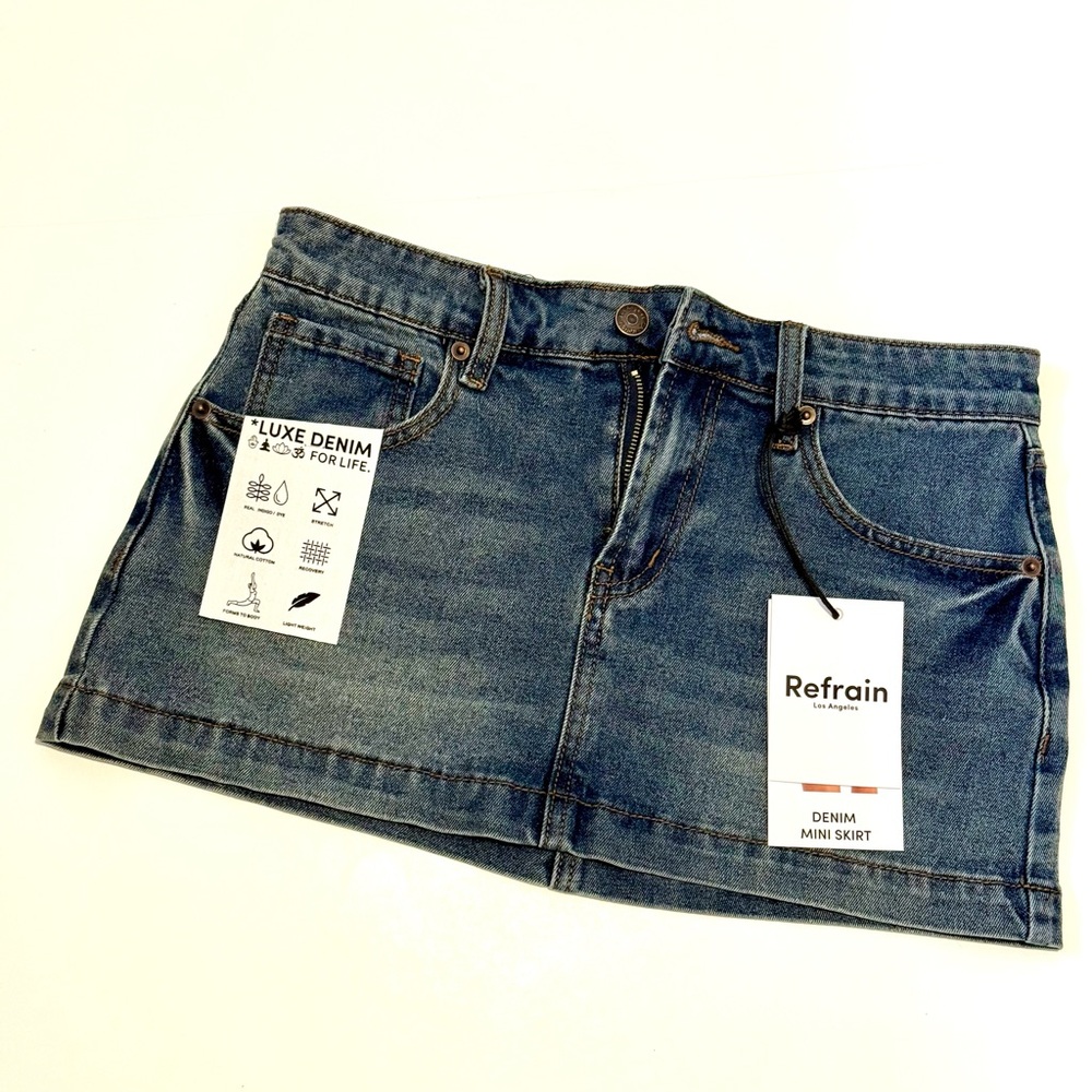 Refrain Denim Mini Skirt with Rhinestone Butterfly